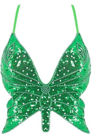 Mocure, glitzerndes Pailletten-Bauchfreies Damen-Top mit Schmetterlingsmuster, tief ausgeschnittenes Tanktop, Rave-Röhren-Top, geeignet für Bauchtanz-Kostüme