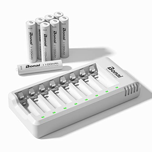 BONAI Caricabatterie universale 8 slot con 8 batterie ricaricabili AAA 1100 mAh Ni-MH, USB 8 Slot Carica batterie Veloce