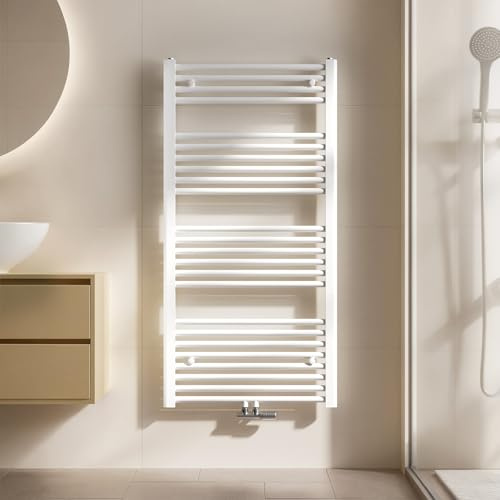 EMKE Handtuchheizkörper Gerade 1200x600 mm - Badheizkörper mit Mittelanschluss, Effizienter Handtuchwärmer Handtuchtrockner Heizkörper für Bad, Weiß, 598W
