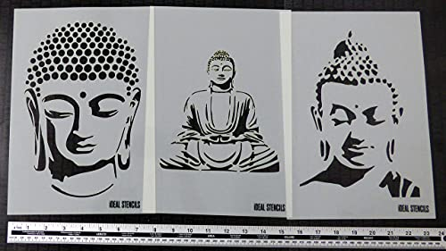 Buddha Stempel - Packung 3 Stempel - Malen Kunst Basteln und Dekorieren - Wiederverwendbare Schablone Hergestellt aus Waschbar Plastik - Farbe Design auf Wände, Stoff, Möbel