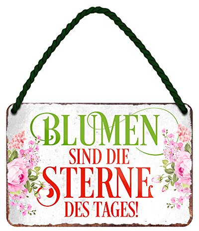 Blumen sind die Sterne des Tages - stilvolles Metallschild mit Kordel und Saugnapf - Retro Deko Hängeschild - Dekoration für Balkon Terrasse Garten Schrebergarten Blumenladen Florist - 18x12cm