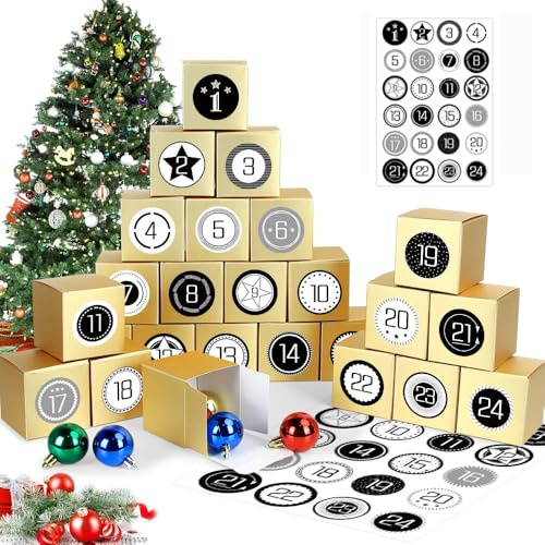 Adventskalender zum Befüllen, 24 Schachteln zum Befüllen, DIY Adventskalender, Adventskalender Geschenkboxen mit Zahlenaufklebern, Adventskalender zum Selbst Befüllen Gold