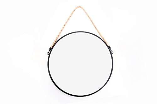 EMAKO Spiegel mit Seil Rund Wandspiegel mit Matallrahmen Dekospiegel mit Schwarzen Rahmen Ø 37 cm