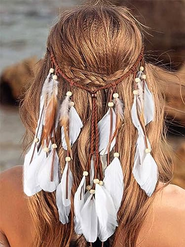 Yean Feder-Stirnband Boho Hippie Kopfschmuck Quaste Handkette Weiß Feder Kopfschmuck Haarschmuck Zubehör für Frauen und Mädchen