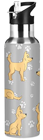Gelbe Hund Pfoten Drucke Wasserflasche Trinkflasche mit Strohhalmdeckel Auslaufsicher Isolierte Edelstahl Thermosflasche für Jungen Mädchen Gym Sport 600ml