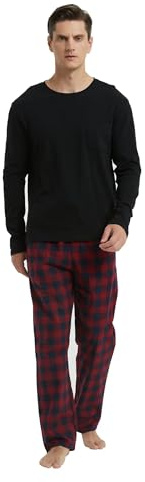 GLOBAL Herren Schlafanzüge Flanell Herren Pyjama Set Baumwolle Langarm-Pullover Oberteil und elastische Unterteile mit Kordelzug Weich Bequem Schwarzes Top Karierte Hose