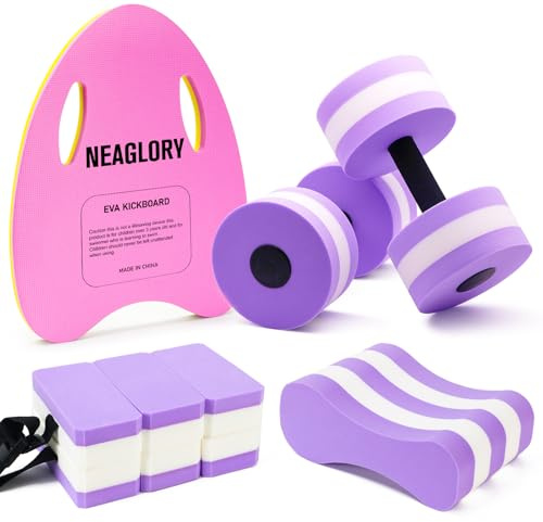 NEAGLORY 5 Pieces Water Aerobics Set Aquatic Exercise Set Pool Fitness Equipment with Foam Dumbbell, Swim Kickboard, Pull Buoy, Aquatic Swim Belt for Water Workout, Purple