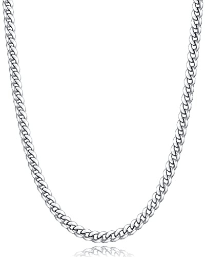 Momlovu Silver Chain for Men Boys, Mens Cuban Link Chain Necklace | 316L Stainless Steel Cuban Chain, Mens Jewelry, 4mm, 18 Inch, Gifts for Men Boys
