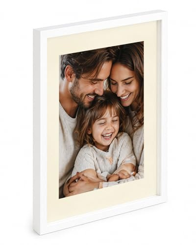 3D Objektrahmen Bilderrahmen mit Passepartout & gehärtetem Glas Holz MDF Rahmen Foto Poster: Farbe: Weiß | Format: 40x60