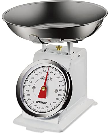 Báscula Cocina Analógica Silvano, Balanza de Alimentos Multifuncional, Diseño Retro, Alta Precision, Capacidad Máxima de 5 Kg, Cuenco de Acero Inoxidable Incluido, Limpieza Sencilla