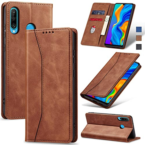 Jasonyu Handyhülle für Huawei P30 Lite, PU Leder Flip Klapphülle, Braun | Magnetische Schutzhülle, Ständer, Kartenfächern, Klappbar, Stoßfeste TPU Stoßsicher Hülle