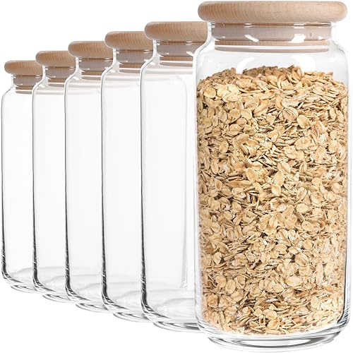 GIESSLE® 6x Premium Vorratsgläser (Massivholz ohne Leim, aus EU) 1150ml Vorratsdosen Set aus Glas groß Müsli Aufbewahrung Behälter mit Holzdeckel