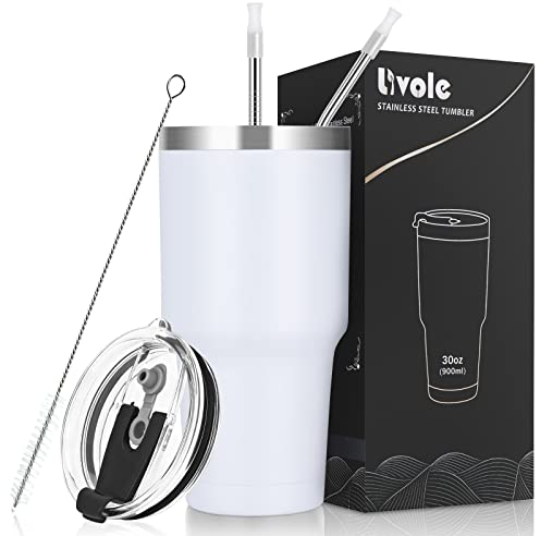 Livole 30oz 900ml Trinkbecher für Männer, Frauen, Thermobecher Kaffee to go, Camping Tasse, Doppelwandiger Edelstahl Becher mit Strohhalm, Isolierter Vakuum Kaffeebecher, Reisebecher, Weiß