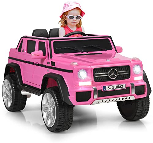 GYMAX Kids Ride on Car, 12V Battery Powered Licensed Mercedes Benz Toy Car with Remote Control, Music, Story, USB/TF Slot, Storage Box & Safety Belt, Children Electric Truck for 3-8 Years Old (Pink)