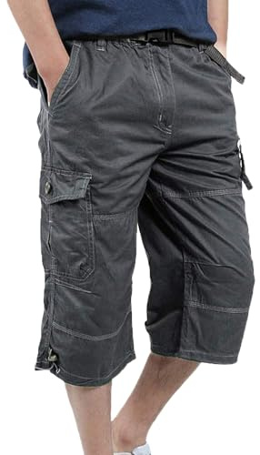 YAOBAOLE Dreiviertel Hosen Herren Cargo Shorts Sommer Outdoor Hose Baumwolle Viele Taschen Army Hose mit Stretchbund Dunkelgrau XL