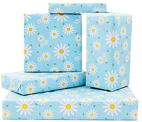 Weißes und Gelbes Gänseblümchen mit Grünen Blättern auf Blauem Geschenkpapier mit Schleife, 4 Blatt für Kinder, Mädchen, Jungen, Blumen-Geschenkpapier für Geburtstag, Babyparty, Urlaub, Taufe