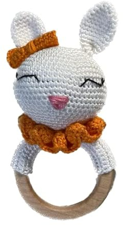 QidQuu© Amigurumi Babyrassel mit En71 geprüftem Beißring aus Ahornholz (Hase)