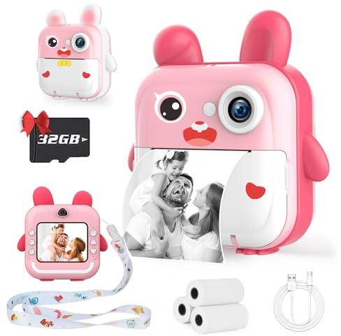 TOYOGO Appareil photo à impression instantanée pour enfants, numérique 1080p avec carte SD de 32 Go, impression instantanée avec 3 rouleaux de papier, parfait pour les filles et les garçons de 3 à 12