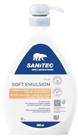 Sanitec SOFT EMULSION, Crema Corpo con Burro di Karitè, Olio di Macadamia e Vitamina-E con azioni idratante e nutriente, Ideale per tutti i tipi di pelle e Dermatologicamente Testata, 600 ml