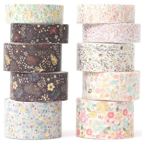 YUBX 10 Rollen Washi Tape Set, Masking Tape, Goldfolie dekorative Klebebänder, Klebeband Bunt für Kunst, DIY Handwerk, Tagebuch, Hobel, Sammelalbum, Verpackung (Garden Maze)