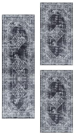 Carpetsale24 Bettumrandung Schlafzimmer 3 teilig Orientteppich Schwarz Bettvorleger Schlafzimmer Bettset: 2 St. 80x150 cm | 1 St. 80x250 cm - Flachgewebe Waschbarer Teppich Läufer Set Baumwollrücken