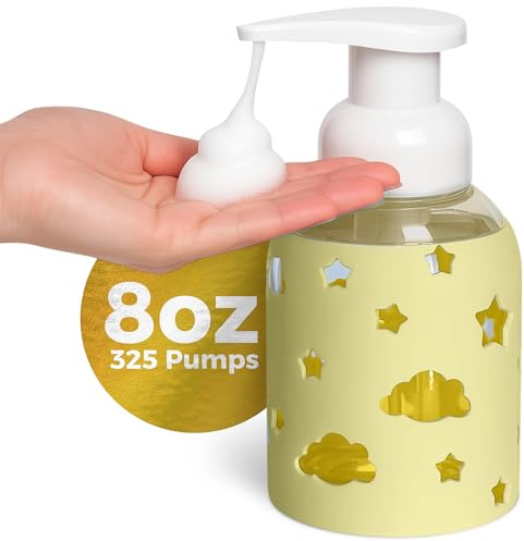 SoCal Suds & Company Foaming Hand Soap Dispenser Glass, Liquid Soap Pump with Cloud & Star Sleeve, Refillable Bottle for Kids, Baby Wash & Shampoo, Ideal for Bathroom & Kitchen Use, Light Yellow, 8oz