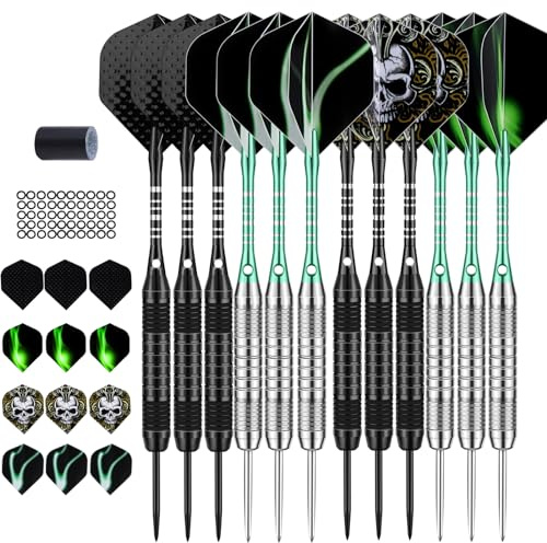 DARTSPACE 12 Stück Dartpfeile mit Metallspitze 22 24 Gramm, Steeldarts mit Prämie schwarz blau lila Aluminum Schaft 24 Flights 50 Orings 1 Darts Sharpener