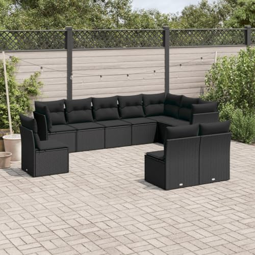 ULUYYUC 10-TLG. Garten-Sofagarnitur, Eckbankgruppe Ecksofa Bodensofa Eckbank Geeignet für Hinterhof Garten Außenbereich Balkon mit Kissen Schwarz Poly Rattan