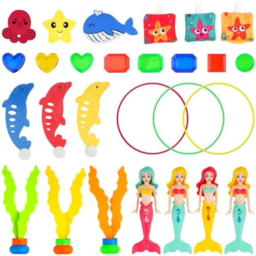 sacemontic 27 Stück Tauchringe für Kinder – Glitzer-Edelsteinen für Schwimmtraining, Schwimmbad-Tauchring-Spielzeug für Kinder, Geschenk, Sommer, Schwimmen, Wasser, Spaß, Pool-Spiele