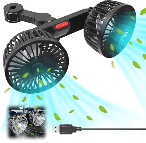 JEONDFG Ventilatore per auto a doppia testa per il sedile posteriore, portatile, girevole a 360°, con 3 velocità, per auto, per veicoli come berlina, SUV, RV