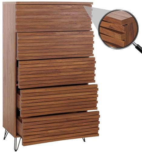 Mendler Kommode HWC-M49 145x80x44cm MDF - Walnuss-Optik | Highboard, Schrank, 3D-Design, 5 Schubladen, Metall