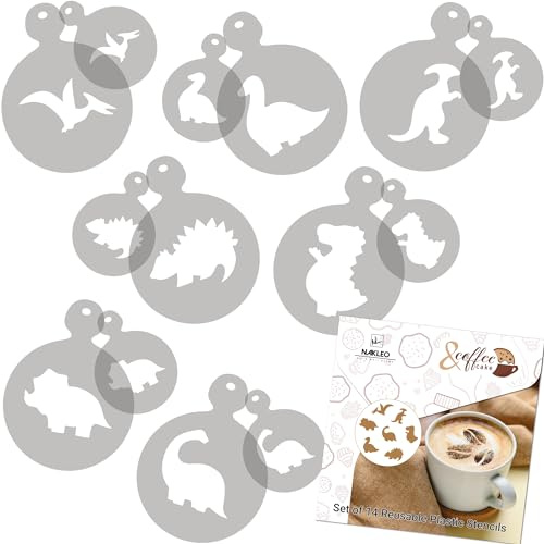 NAKLEO Kaffee Schablonen und Kekse Dekoration 14 Stück 7x7 und 11x11cm, Wiederverwendbare Plastik Backen Vorlage, Dinosaurier Dino Tiere, DIY Kunst, Cappuccino Latte Schokolade Torten Kuchen