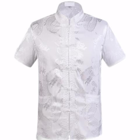 Tang Shirt Men Silk,Tang Suit Men Short Sleeve Shirt,Hanfu Chinese Traditional Clothes,Chinese Clothing Tang Suit Tops (US, Alpha, Medium, Regular, Regular, White)