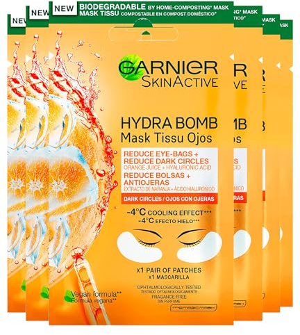 Garnier SkinActive Hydra Bomb Maschera Contorno Occhi Anti-Fatica Effetto Ghiaccio con Succo d'Arancia Acido Ialuronico Formula Vegana Effetto Riposato Tonificato Riduce Occhiaie - 6 Maschere Monouso