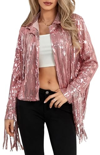 Acrawnni Y2K Damenjacke mit glitzernden Pailletten, glänzend, Quaste, Fransensaum, Discojacke, Pailletten-Fransen, Rave-Jacke, Mantel, 90er-Jahre-Streetwear