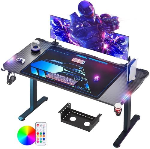 Himimi 180x70 cm Gaming Tisch, Gaming Schreibtisch mit LED, PC Tisch Gaming mit Kohlefaseroberfläche, Gamer Tisch mit Kabelaufbewahrungsbox, Getränkehalter und Kopfhörerhaken, Schwarz