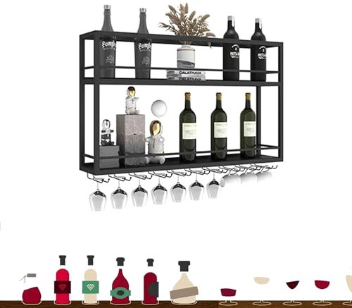Weinregal Wand Metall Flaschenregal Schmal Wine Rack Weinschrank Hausbar Barschrank mit Weinglashalter Weinständer Bar Regal Wand Getränke Regal Mini Bar Vitrine Hängend für Küche Esszimmer(NO LIGHT_1