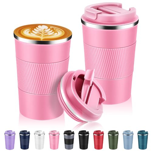 Volhoply Resekaffemugg, rostfritt stål, isolerad, flip-lock, återanvändbar, dubbelvägg, vakuum, kaffekopp, bärbar, läckagesäker, tumlare, varm och kall dryck, 385 ml (13 uns), rosa, 2-pack