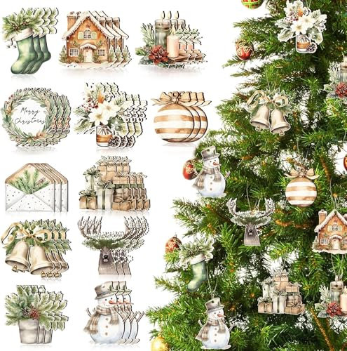 24 Stück Weihnachtsbaumanhänger,12 Designs Holz Weihnachtsdeko Anhänger,Holz Deko Weihnachten, Weihnachtskalender Deko, Weihnachtsbaum Deko (Grun)