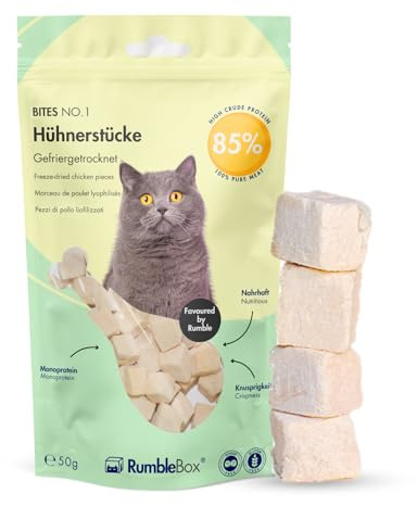 RumbleBox frystorkade kycklingbröststycken – 100 % monoprotein kattmellanmål utan spannmål och socker, aptitstimulerande för känsliga katter och allergiker (50 g)