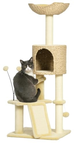 PawHut Árbol Rascador para Gatos Altura 116 cm Torre para Gatos Interior con Postes de Rascar Cama Nido Rampa y Bolas 45x40x116 cm Beige