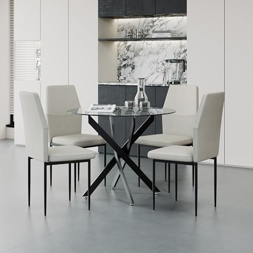 GOLDFAN Ensemble Table à Manger Ronde en Verre avec 4 Chaises en Tissu, Style Moderne, Pieds en Métal Noir, 80 cm (Beige)