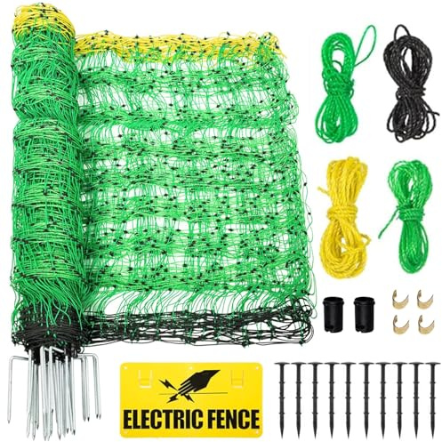 Electric Fence Netting, 49.6 H x 164'L Electric Anti-Predator Poultry Fence, PE Net Fencing Kit with 14 Posts Double Spiked, Movable Livestock Nets for Sheep, Hogs, Cattle and Other Big Poultry
