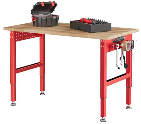 SPECRAFT Red Adjustable Heavy Duty Workbench with 4 AC Outlet and 2 USB Ports Power Outlets, 2000 Lbs Capacity, Rubber Wood Top for Garage, Workshop, Office