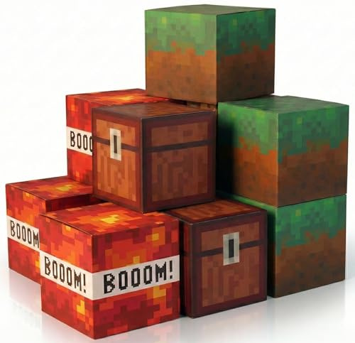 Camtoms Pixel Party Favor Boxes – 10 Pack 8.5 Inch Sturdy Cardboard Cubes for Video Game Event Decorations, Centerpieces, and Stackable Display Props