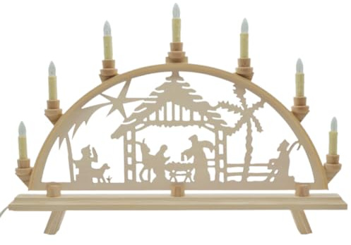 Erzwelt - Lichterbogen DBR55 – Schwibbogen aus Holz – Leuchtbogen mit 7 Kerzen – Original Erzgebirge Fensterbogen – handgemachte Weihnachtsdeko – Motiv Krippe – 55 x 37 x 5 cm