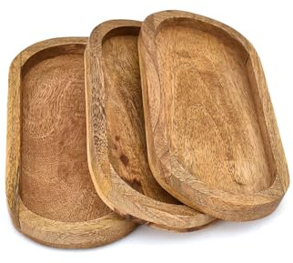 Kimona Platters Juego de 3 elegantes platos de madera de mango para decoración del hogar, tabla de quesos para alimentos, baño, decoración del hogar (9 x 4 x 0.75 pulgadas)