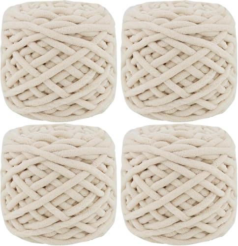 YushengTai Dicke Wolle, 4 x 100 g Chunky Yarn 7-8mm, Wolle zum Stricken Dickes Garn für Mützen, Schals, Pullover, Schuhe (Naturweiß)