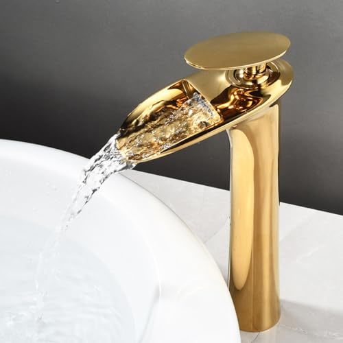 Rubinetto per Lavabo Miscelatore Bagno Rubinetto Cascata Alto per Bagno Rubinetto per Lavabo da Appoggio con Maniglia Singola E 1 Foro Oro Rubinetti Monocomando Bagno