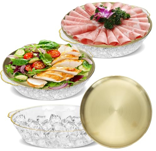 YFNVH 3 Pack Chilled Serving Tray with Ice Chamber, 30cm Stainless Steel Cold Platter for Party Food, Ice Cooled Buffet Servers for Seafood, Fruit, Charcuterie & Sushi, Reusable Catering Platters
